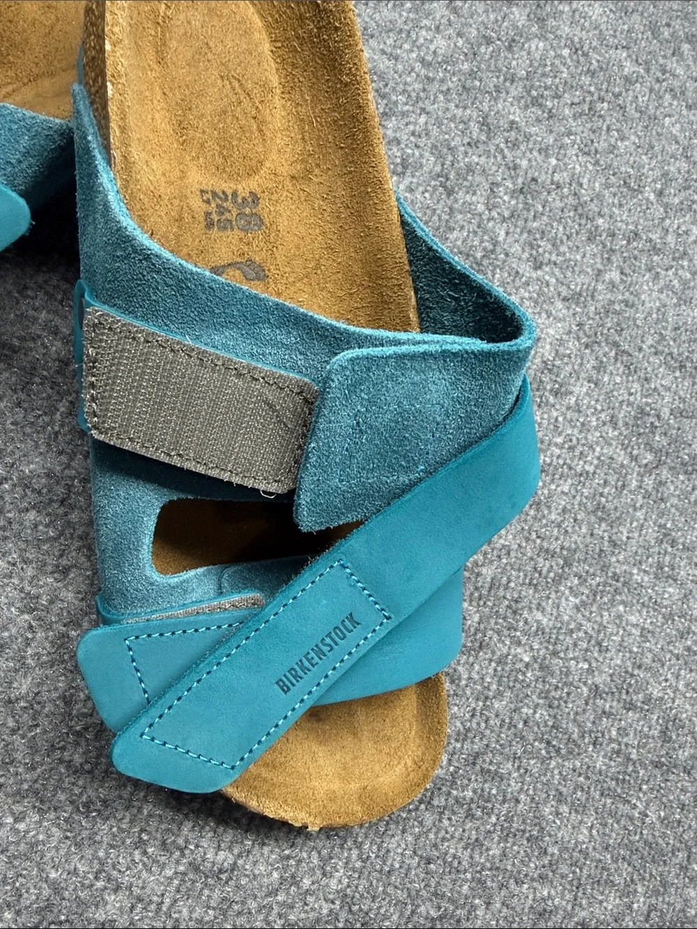 Birkenstock  Double-Strap Nubuck-Suede Deep Turquoise Leather Slide Sandals